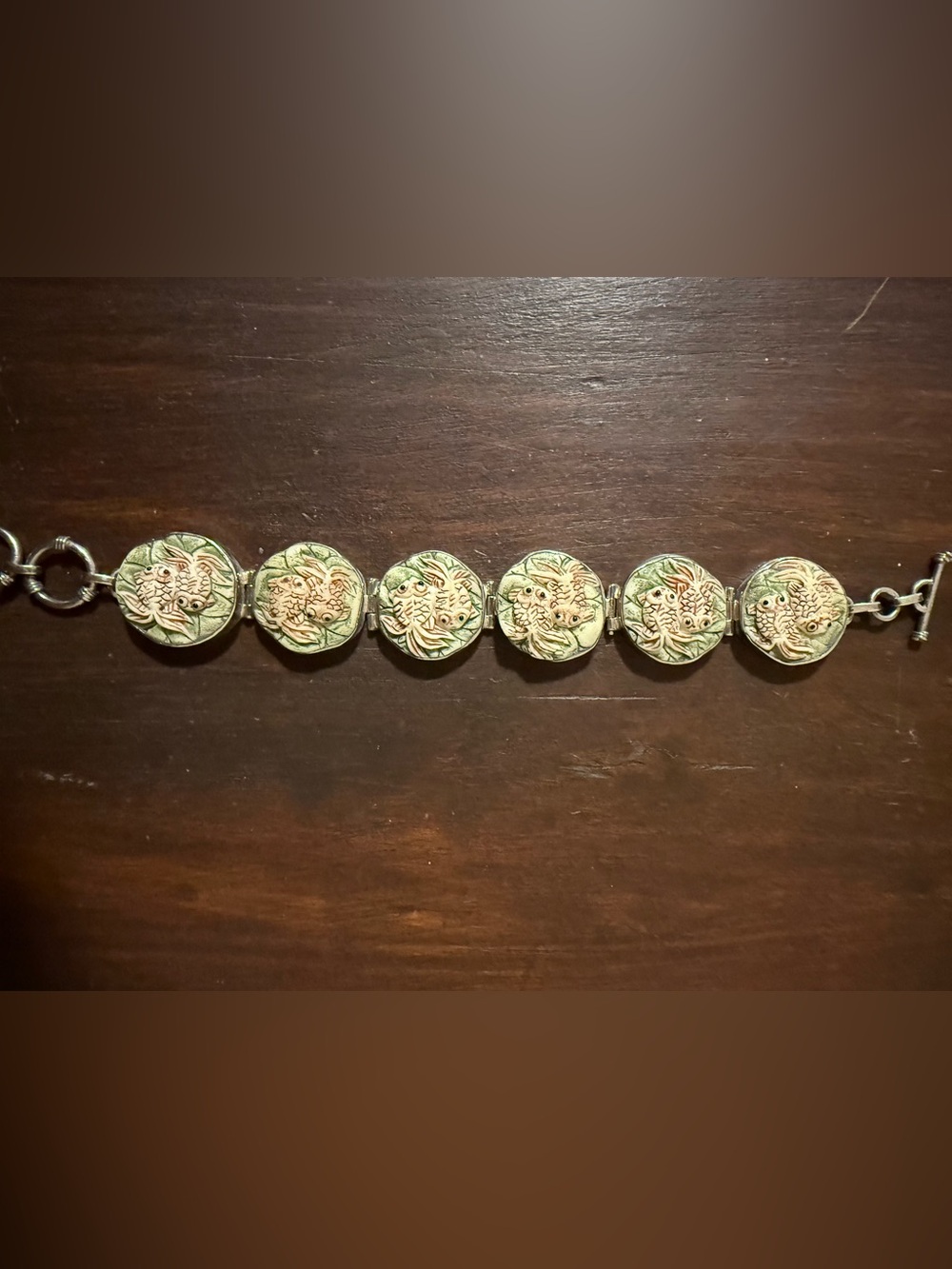 Rare! Charles Albert Green and Cream Fish Motif Sterling Silver Bracelet